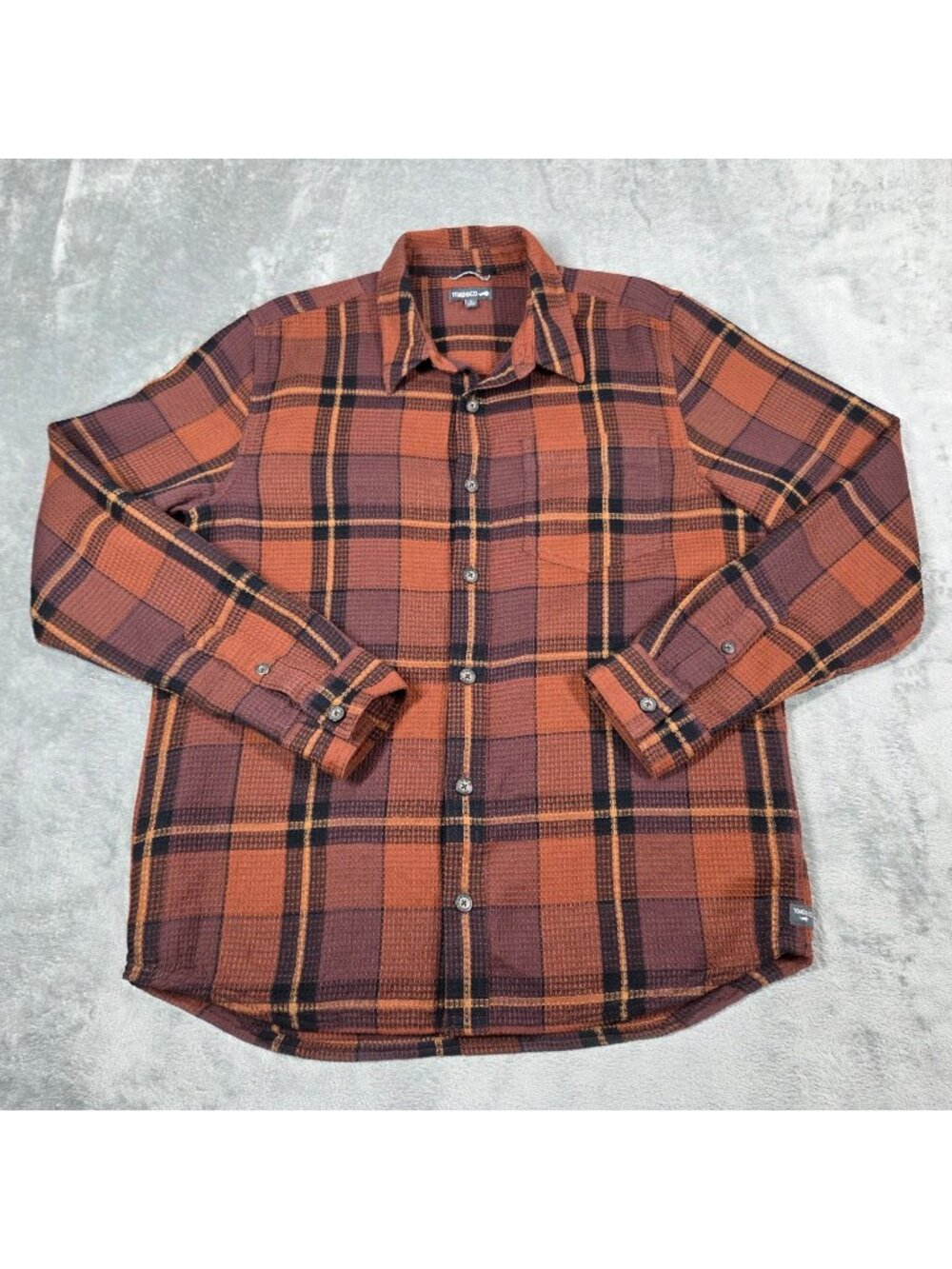 Toad & Co Shirt Mens Large Orange Plaid Organic Cotton Waffle Texture Button Up